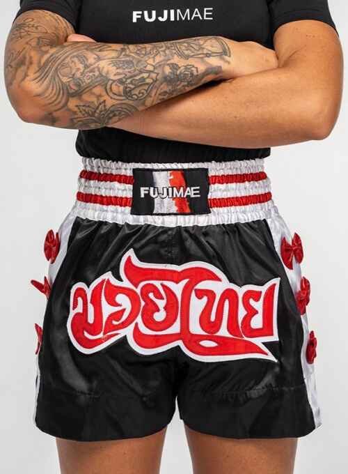 PANTALON MUAY THAI  FUJIMAE NEGRO LAZO ROJO